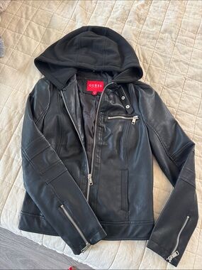 GUESS Black Faux Leather Hooded Moto Jacket Women’s XS